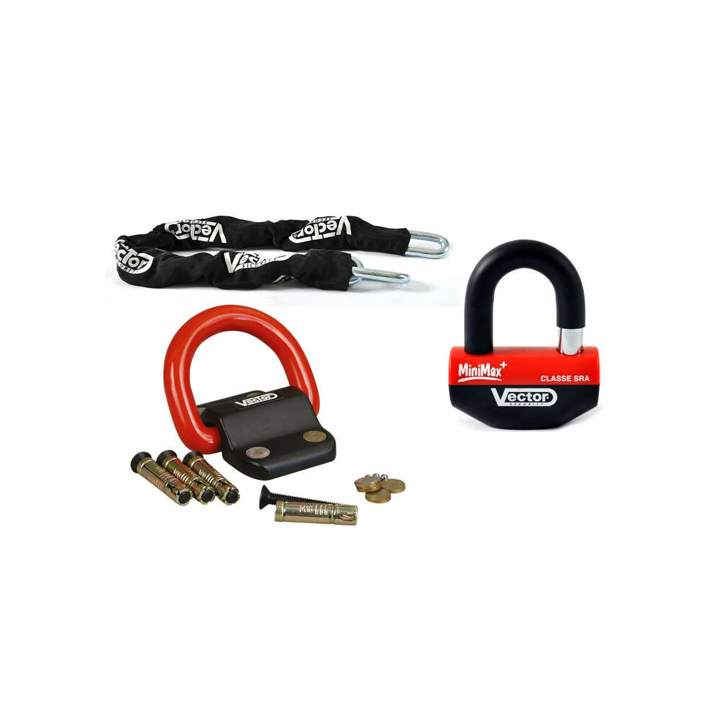 Kit antivol VECTOR - chaîne 1,10m + cadenas/bloque-disque MiniMax+ + Fixation Compac Blok
