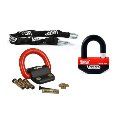 Kit antivol VECTOR - chaîne 1,10m + cadenas/bloque-disque MiniMax+ + Fixation Compac Blok